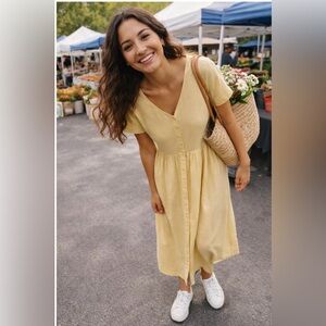 VTG 100% cotton full front button dress maxi short sleeve pockets S